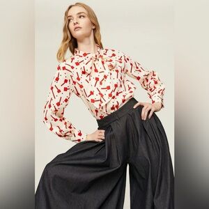 Tory Burch Cream and Red Patterned Blouse